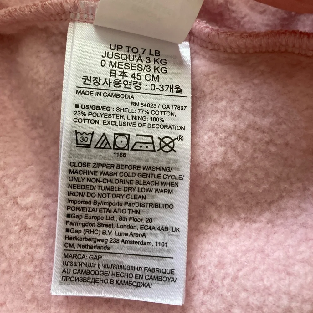 GAP Baby Pink Logo Footed Hoodie Jumpsuit Newborn Bear Ears Zip Up